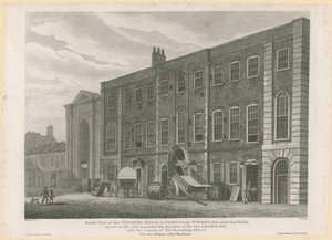 South View av den tidigare Theatre Royal i Portugal Street, Lincolns Inn Fields av English School