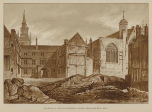 Sydostvy över Guildhall Chapel och Blackwell Hall, City of London av English School