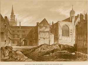Sydostvy över Guildhall Chapel och Blackwell Hall, London av English School
