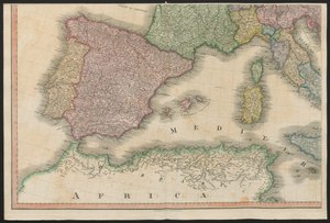 Spanien och Portugal, från Europa, som beskriver alla förändringar av territoriet, tillsammans med deras avvikelser i gränslinjerna för dess flera imperier och stater som överenskommits om och bekräftas av det definitiva fördraget i Paris, 20 november 1815 av English School