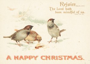 Sparvar i snön, julkort av English School