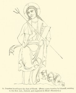 St Dunstan knäböjer vid Kristi fötter, från en pennteckning av honom själv, som finns i Bod Lib, Oxford, och graverad i Hicks synonymordbok (gravyr) av English School
