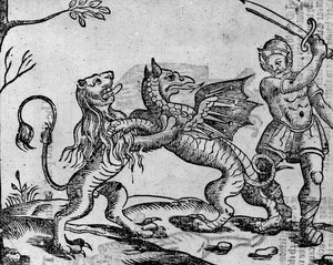 St George and the Dragon, från "A Book of Roxburghe Ballads" (träsnitt) (bw foto)