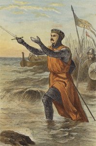 St Louis landar vid Damietta (färgad gravyr) av English School