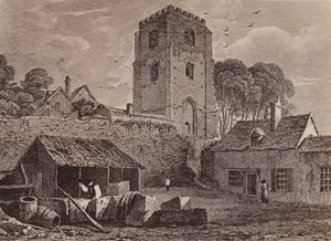 St Marys-kyrkan med den gamla muren 1824 (litografi) av English School