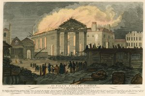 St Pauls, Covent Garden, London, när det såg ut att brinna på kvällen den 17 september 1795 av English School
