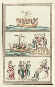 St Ursula med sina jungfruliga följeslagare, St Ursulas martyrium, Martyrdom of St Alban (färgad gravyr) av English School