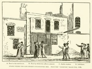 Stall där Cato Street Conspirators möttes, från Observer, 5 mars 1820 (gravyr) av English School