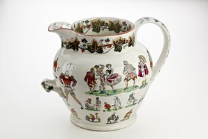 Staffordshire-kanna dekorerad med Harlequin-figurer och karnevalstema, 1866 (järnstenskina)