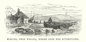 Staiths, nära Whitby, där Cook gick i lärling (färgad gravyr) av English School