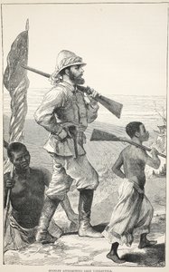 Stanley närmar sig Tanganyikasjön, illustration från The Pictorial Edition av David Livingstones liv och upptäckter av J. Ewing Richie, pub. av A. Fullarton & Co., 1876 av English School
