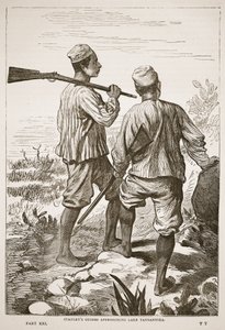 Stanleys guider närmar sig Tanganyikasjön, illustration från The Pictorial Edition av David Livingstones liv och upptäckter av J. Ewing Richie, pub. av A. Fullarton & Co., 1876 av English School