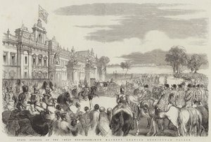 Statlig invigning av den stora utställningen, Hennes Majestät lämnar Buckingham Palace (gravyr) av English School
