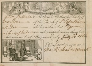 Uttalande om att Ann Slone begravdes i fårull, 1784