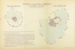 Statistiskt diagram uppfann av Florence Nightingale för att visa övervikten av sjukdomar som orsak till dödlighet i den brittiska armén under Krimkriget, april 1854 till mars 1855 och april 1855 till Ma av English School