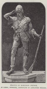 Staty av Robinson Crusoe, vid Largo, Fifeshire, Alexander Selkirks födelseplats (gravyr) av English School