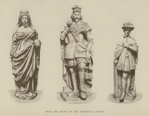 Statyer av drottning Elizabeth I, kung Charles I och kung Edward VI från framsidan av Guildhall Chapel, City of London av English School