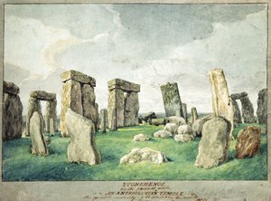 Stonehenge i dess nuvarande tillstånd, ett anpediluniskt tempel, 1821 (wc på papper) av English School
