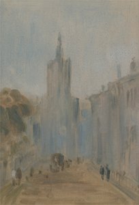 Gata med kyrka och figurer som tidigare tillskrivits J.M.W. Turner (1775-1851) och även tillskriven Peter de Wint (1784-1849), 1822-25 (olja på papper) av English School
