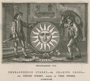 Sun Fire Office, Threadneedle Street, 60 Charing Cross och Oxford Street, London av English School