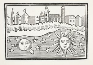 Sun, Moon, Stars and Earth Transponed, illustration från Chap-books of the artonde århundrade av John Ashton, pub. 1882 av English School