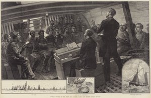 Söndagsgudstjänst i Nordsjöfiskeflottan, Thames Church Mission (gravyr) av English School