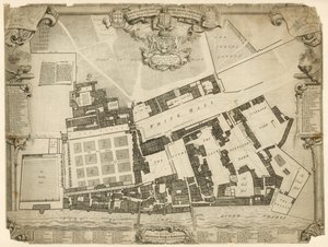 Undersökning och markplan för Royal Palace of Whitehall, 1680, med logi och lägenheter som tillhör deras majestäter av English School