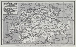 Schweiz, de viktigaste kommersiella kännetecknen för bergsrepubliken (litografi) av English School
