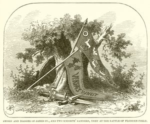 James IV:s svärd och dolk och två riddare-banderoller, som användes vid slaget vid Flodden Field