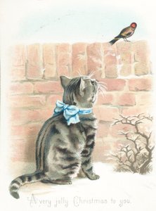 Tabby Cat tittar på Finch på väggen, julkort av English School