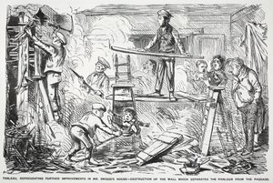 Tablå, som representerar ytterligare förbättringar av Mr. Briggs hus - förstörelse av väggen som skiljer salongen från passagen, illustration från Punch av English School