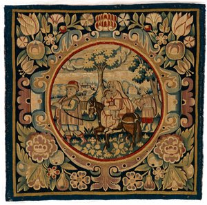 Gobeläng kuddfodral föreställande flygningen till Egypten, möjligen gjort i Sheldon, England, tidigt 1600-tal (ull) av English School