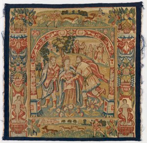 Tapestrypanel föreställande Drottningen av Saba möter Salomo, gjord i Sheldon, England av English School