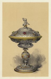 Tazza, med lock, i silver med juveler (chromolitho) av English School
