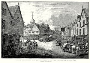 Tetbury Market-Place, med det gamla marknadshuset (nu förstört), byggt AD 1655 (gravyr) av English School