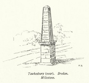 Tewkesbury, nära, Bredon, Milestone (litografi) av English School
