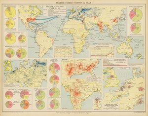 Textilfibrer, bomull och lin (färglitografi) av English School