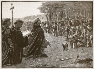 Thanksgiving av den engelska armén efter slaget vid Agincourt, 25 oktober 1415, illustration från Cassells Illustrated History of England (sepiafoto) av English School