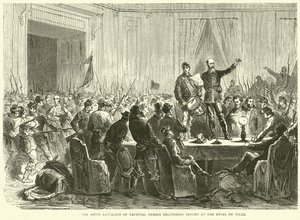 Den 106:e bataljonen av nationalgardet levererar Trochu på Hotel de Ville, oktober 1870 av English School