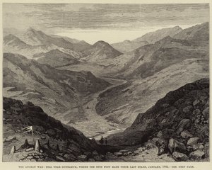 Det afghanska kriget, Hill nära Gundamuk, där den 44:e foten gjorde sitt sista uppehåll, januari 1842 (gravyr) av English School