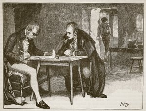 Storbritanniens och Sveriges agenter undertecknar fördraget mot Napoleon, illustration från Cassells Illustrated History of England (sepiafoto) av English School