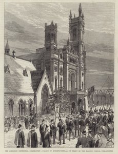 American Centennial Celebration, Parad of Knights-Templars framför frimurartemplet, Philadelphia (gravyr) av English School