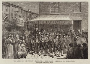 Det amerikanska hundraårsfirandet, Temperance Procession i Philadelphia (gravyr) av English School