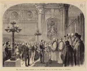 Den anglikanska bröllopsceremonin i Alexander Hall i Vinterpalatset, St Petersburg (gravyr) av English School