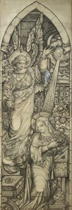 The Annunciation, workshop of Heaton, Butler & Bayne, c.1900 (svart krita & wc förhöjd med vitt) av English School