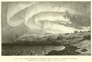 Aurora Borealis eller norrsken, som sett vid Bossekop i Finnmark (Norge), den 21 januari 1839, kl. av English School
