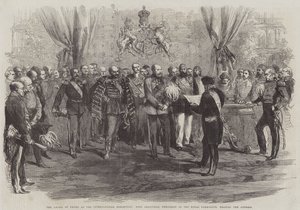 Prisutdelningen vid den internationella utställningen, Earl Granville, ordförande för Royal Commission, läser anförandet (gravyr) av English School