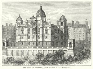 Bank of Scotland, från Princes Street Gardens (gravyr) av English School