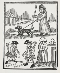 Tiggaren som reser med sin hund, tar hem goda förråd av rikedom till proggen, med vilken han överträffar riddaren, och vigs sitt barn till hennes förtjusning, illustration från Chap-books of the Arteenth Cen av English School