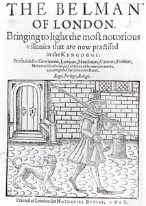 The Bellman of London, av Thomas Dekker (c.1570-c.1641) titelsida, tryckt av Nathaniel Butter, 1608 av English School